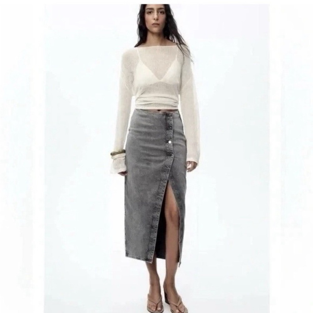 Zara Charcoal Grey Button-Front Midi Skirt with Front Slit